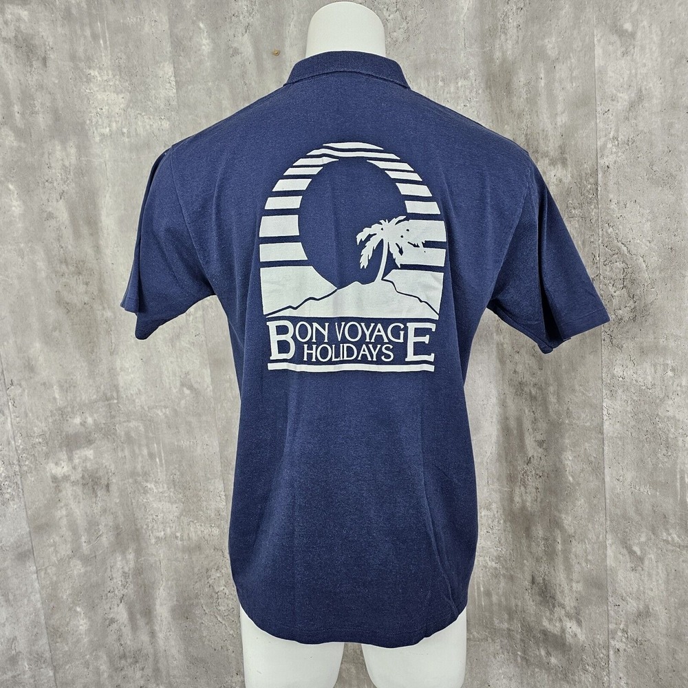 Vintage 80s Windswept Mens‎ Blue Bon Voyage Holidays Graphic Polo Short Sleeve